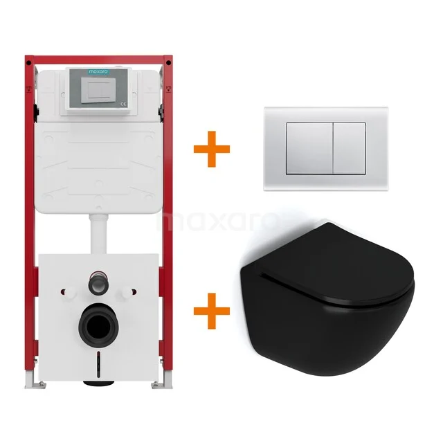 Toiletset Mat zwart zonder Spoelrand + Maxaro Flush inbouwreservoir TOI1231