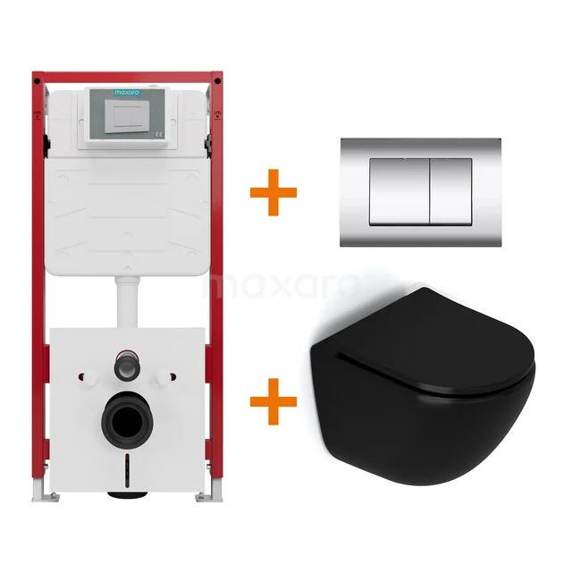 Toiletset Mat zwart zonder Spoelrand + Maxaro Flush inbouwreservoir TOI1330