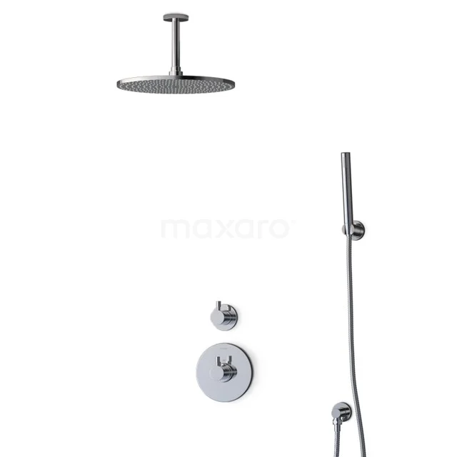 Black rain shower set with round head, handheld shower and wall mount, ideal for a modern bathroom style.