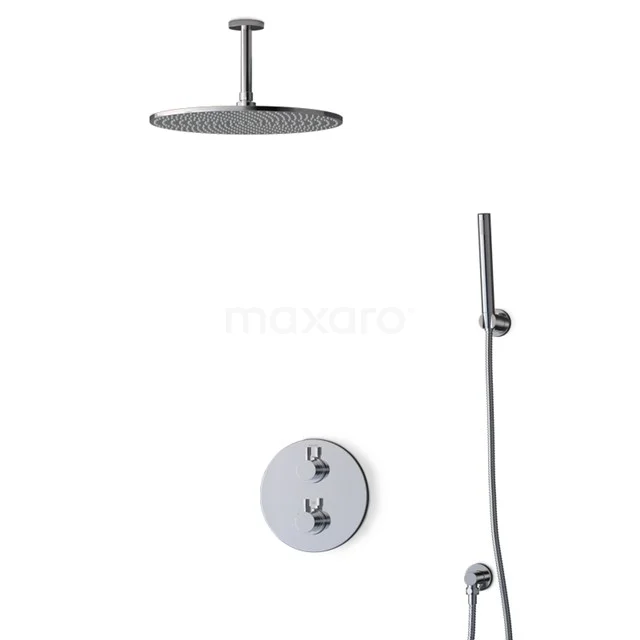 Matt Schwarz Dusche Set mit runder Regendusche, Handbrause und eingebauter Thermostatarmatur, ideal für ein modernes Badezimmer.