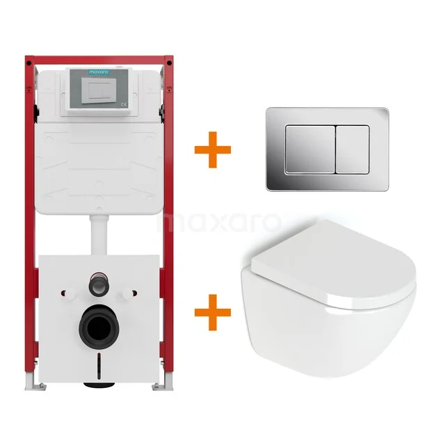 Toiletset Hoogglans wit zonder Spoelrand + Maxaro Flush inbouwreservoir TOI1490