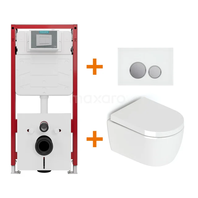Toiletset Hoogglans wit zonder Spoelrand + Maxaro Flush inbouwreservoir TOI1502
