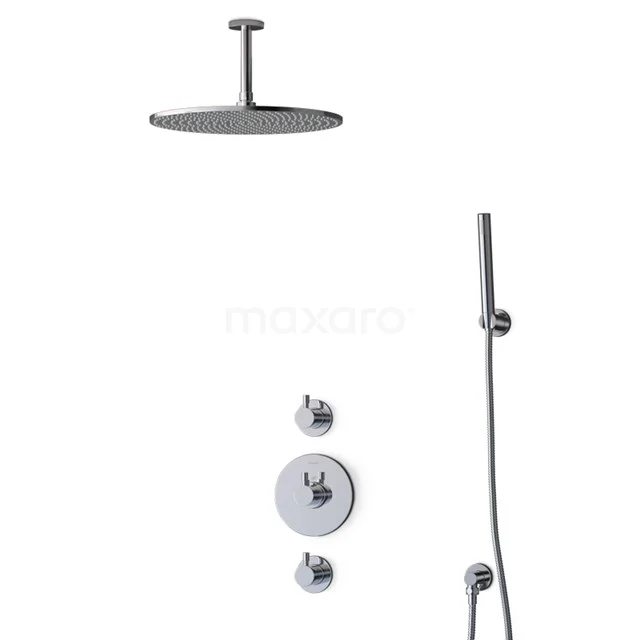 Modern round rain shower set in chrome with handheld shower, ideal for a luxurious bathroom experience.