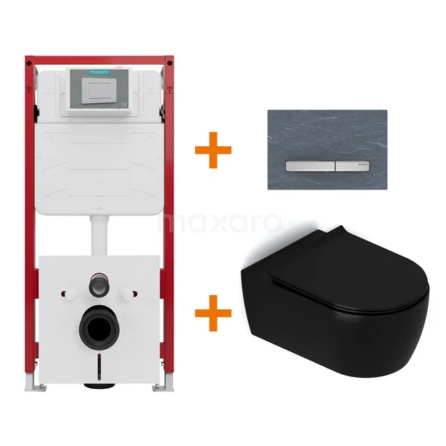 Toiletset Mat zwart met Spoelrand + Maxaro Flush inbouwreservoir TOI1612