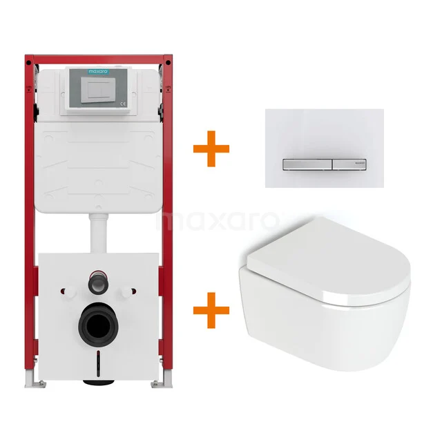 Toiletset Hoogglans wit zonder Spoelrand + Maxaro Flush inbouwreservoir TOI1700