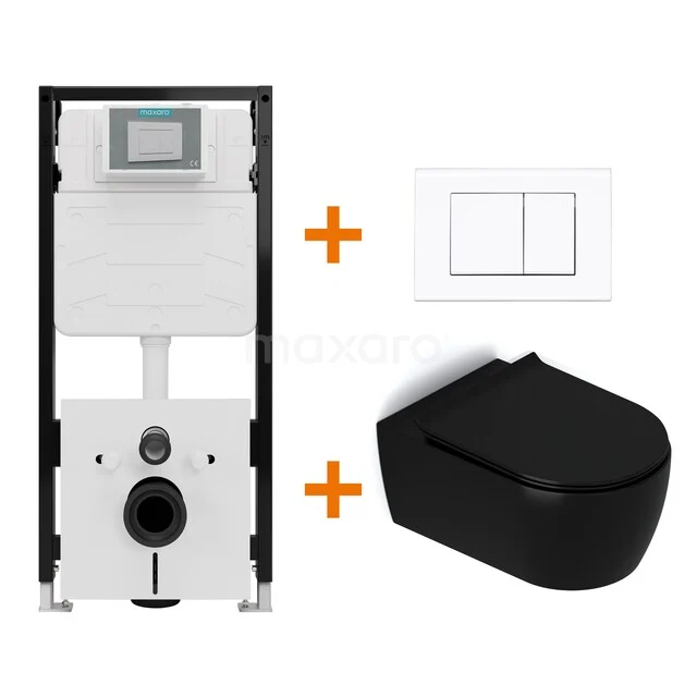 Toiletset Mat zwart met Spoelrand + Maxaro Flush Pro inbouwreservoir met geluidsisolatie TOI1777