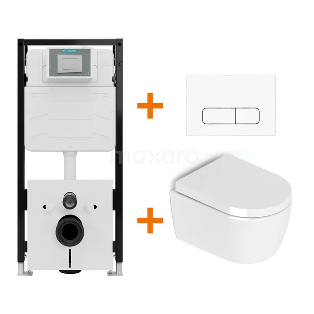 Toiletset Hoogglans wit zonder Spoelrand + Maxaro Flush Pro inbouwreservoir met geluidsisolatie TOI1799