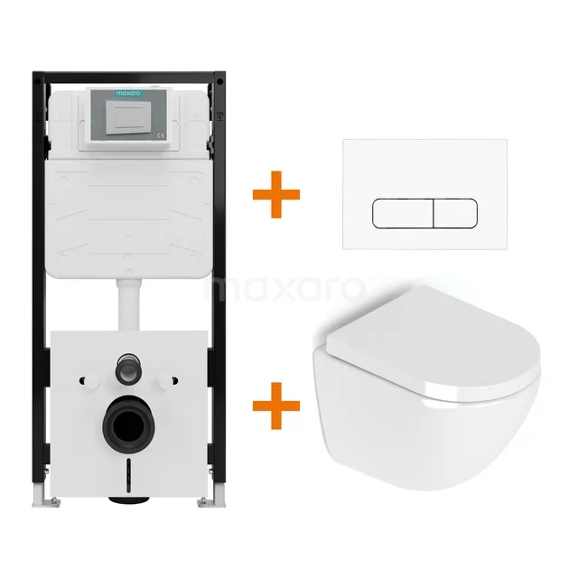 Toiletset Hoogglans wit zonder Spoelrand + Maxaro Flush Pro inbouwreservoir met geluidsisolatie TOI1820