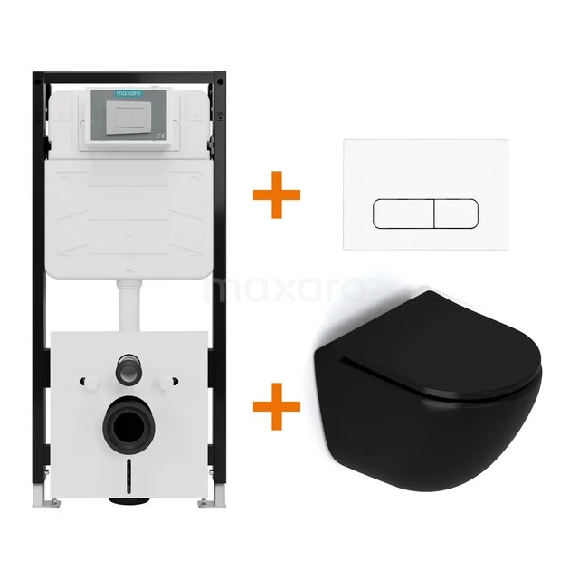 Toiletset Mat zwart zonder Spoelrand + Maxaro Flush Pro inbouwreservoir met geluidsisolatie TOI1825