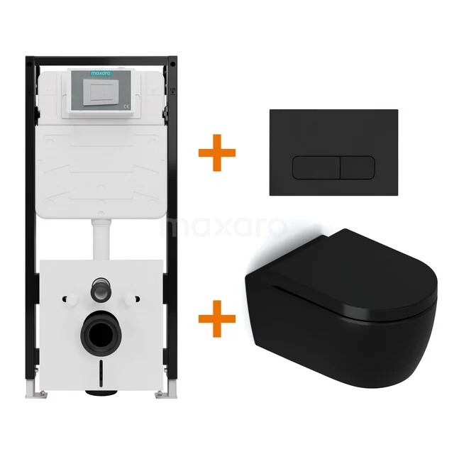 Toiletset Mat zwart zonder Spoelrand + Maxaro Flush Pro inbouwreservoir met geluidsisolatie TOI1912 Toiletset Mat zwart zonder Spoelrand + Maxaro Flush Pro inbouwreservoir met geluidsisolatie TOI1912