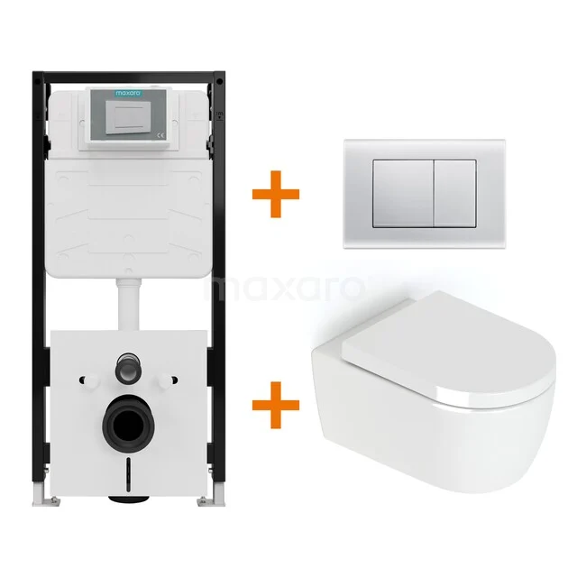 Toiletset Hoogglans wit zonder Spoelrand + Maxaro Flush Pro inbouwreservoir met geluidsisolatie TOI1962