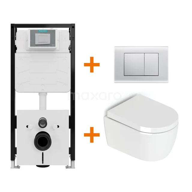 Toiletset Hoogglans wit zonder Spoelrand + Maxaro Flush Pro inbouwreservoir met geluidsisolatie TOI1964