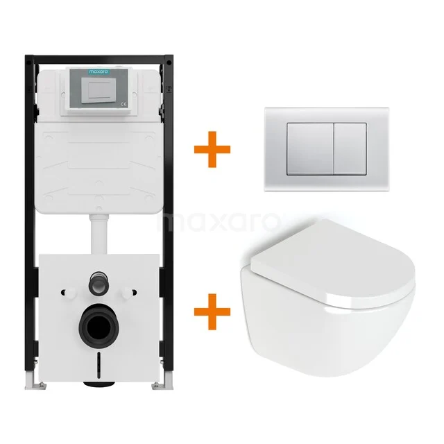 Toiletset Hoogglans wit zonder Spoelrand + Maxaro Flush Pro inbouwreservoir met geluidsisolatie TOI1985