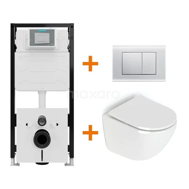 Toiletset Hoogglans wit zonder Spoelrand + Maxaro Flush Pro inbouwreservoir met geluidsisolatie TOI1986