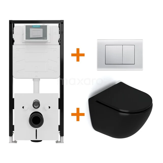 Toiletset Mat zwart zonder Spoelrand + Maxaro Flush Pro inbouwreservoir met geluidsisolatie TOI1990