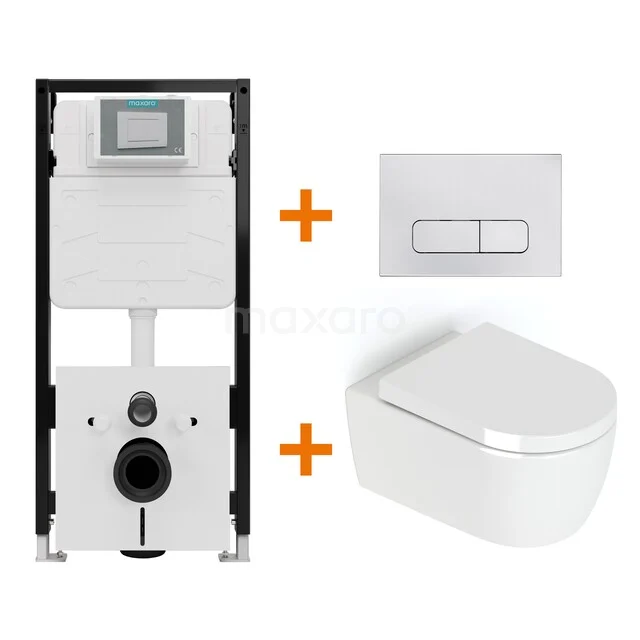 Toiletset Hoogglans wit zonder Spoelrand + Maxaro Flush Pro inbouwreservoir met geluidsisolatie TOI1995