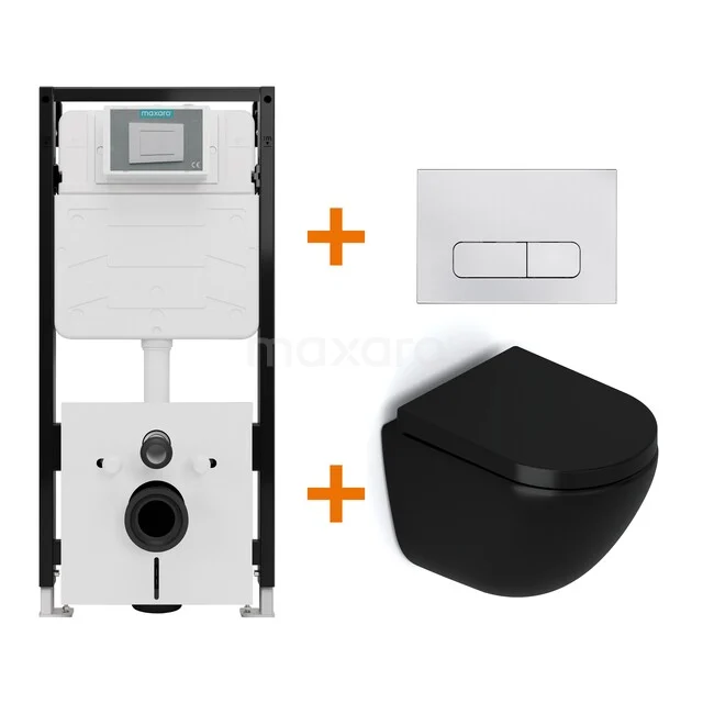 Toiletset Mat zwart zonder Spoelrand + Maxaro Flush Pro inbouwreservoir met geluidsisolatie TOI2022