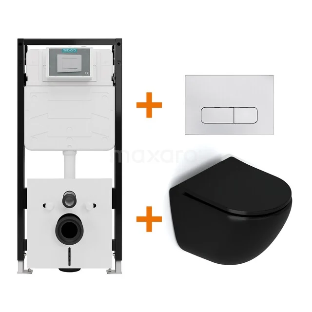 Toiletset Mat zwart zonder Spoelrand + Maxaro Flush Pro inbouwreservoir met geluidsisolatie TOI2023