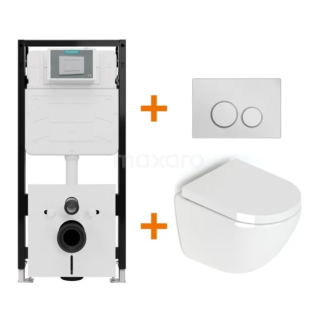 Toiletset Hoogglans wit zonder Spoelrand + Maxaro Flush Pro inbouwreservoir met geluidsisolatie TOI2051
