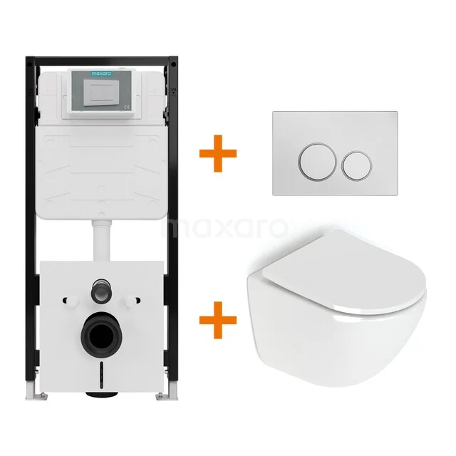 Toiletset Hoogglans wit zonder Spoelrand + Maxaro Flush Pro inbouwreservoir met geluidsisolatie TOI2052