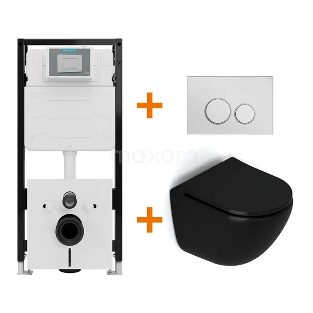 Toiletset Mat zwart zonder Spoelrand + Maxaro Flush Pro inbouwreservoir met geluidsisolatie TOI2056