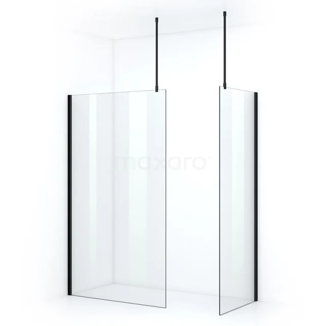 Transparent glass shower screen with black profiles, minimalist design, ideal for a modern bathroom.