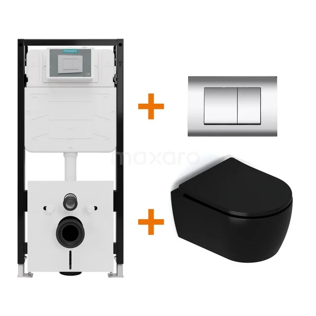 Toiletset Mat zwart met Spoelrand + Maxaro Flush Pro inbouwreservoir met geluidsisolatie TOI2076