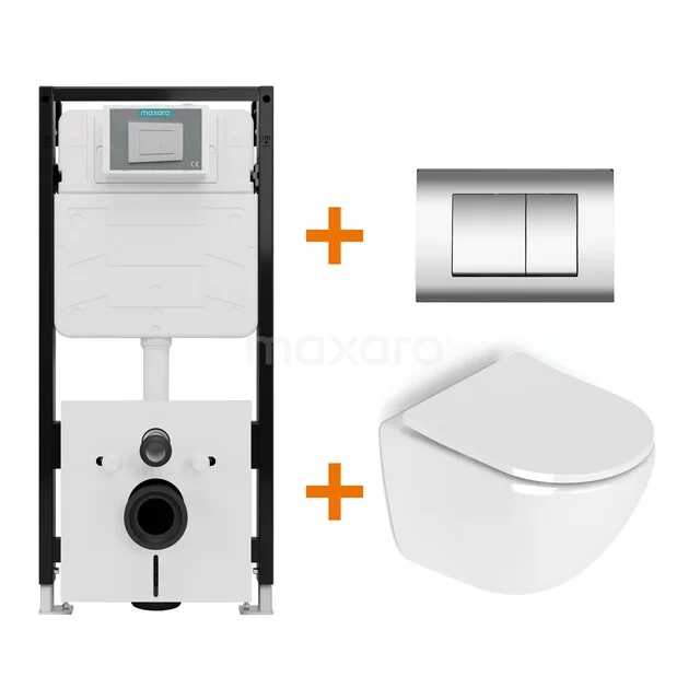 Toiletset Hoogglans wit zonder Spoelrand + Maxaro Flush Pro inbouwreservoir met geluidsisolatie TOI2085