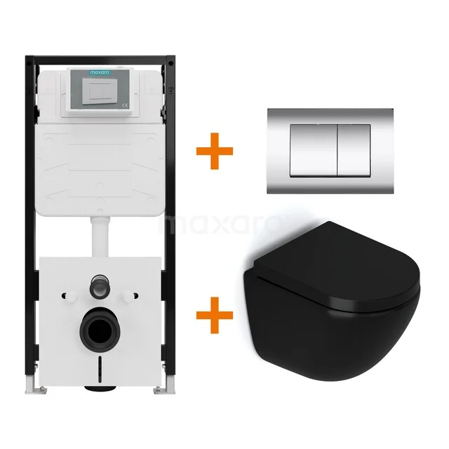 Toiletset Mat zwart zonder Spoelrand + Maxaro Flush Pro inbouwreservoir met geluidsisolatie TOI2088