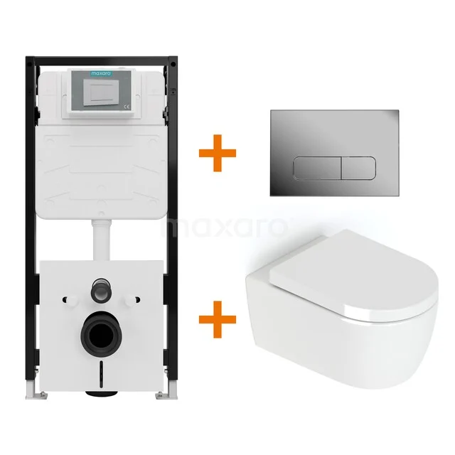 Toiletset Hoogglans wit zonder Spoelrand + Maxaro Flush Pro inbouwreservoir met geluidsisolatie TOI2094