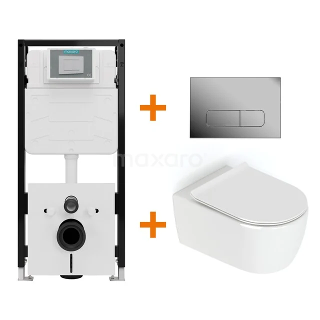 Toiletset Hoogglans wit zonder Spoelrand + Maxaro Flush Pro inbouwreservoir met geluidsisolatie TOI2095