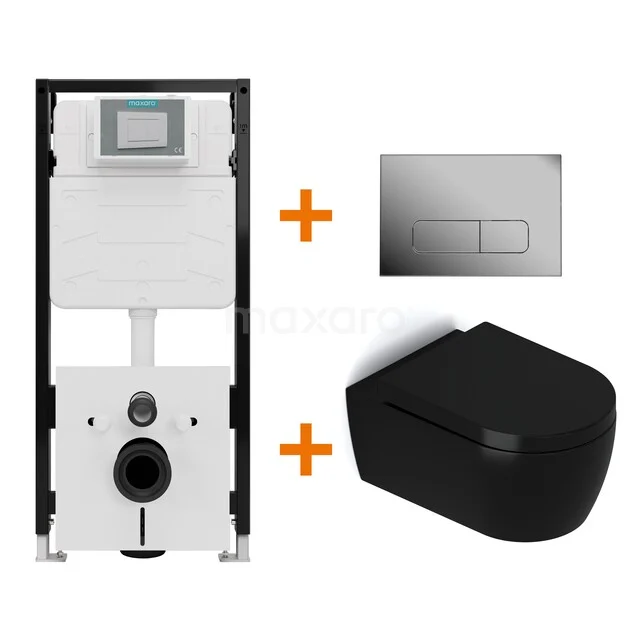 Toiletset Mat zwart met Spoelrand + Maxaro Flush Pro inbouwreservoir met geluidsisolatie TOI2106