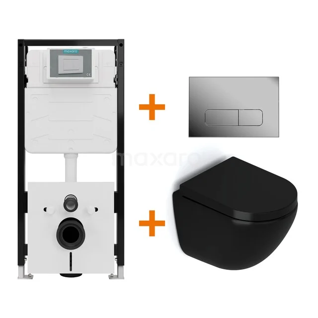 Toiletset Mat zwart zonder Spoelrand + Maxaro Flush Pro inbouwreservoir met geluidsisolatie TOI2121