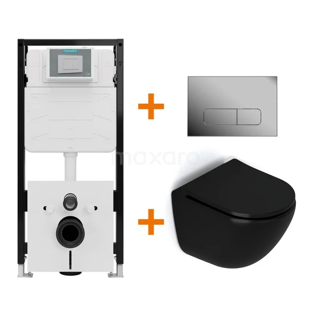 Toiletset Mat zwart zonder Spoelrand + Maxaro Flush Pro inbouwreservoir met geluidsisolatie TOI2122