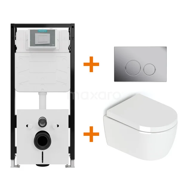 Toiletset Hoogglans wit zonder Spoelrand + Maxaro Flush Pro inbouwreservoir met geluidsisolatie TOI2129
