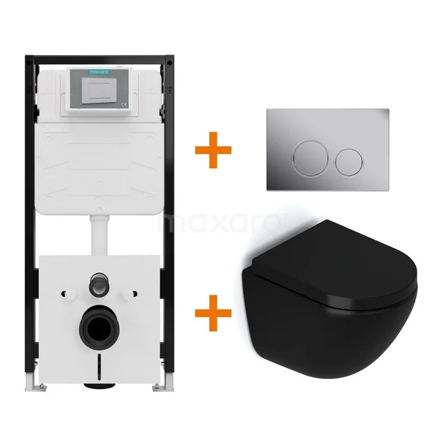 Toiletset Mat zwart zonder Spoelrand + Maxaro Flush Pro inbouwreservoir met geluidsisolatie TOI2154