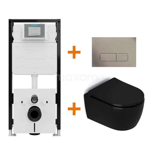 Toiletset Mat zwart zonder Spoelrand + Maxaro Flush Pro inbouwreservoir met geluidsisolatie TOI2179