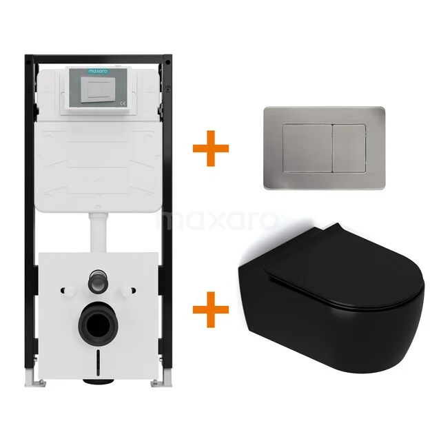 Toiletset Mat zwart met Spoelrand + Maxaro Flush Pro inbouwreservoir met geluidsisolatie TOI2206