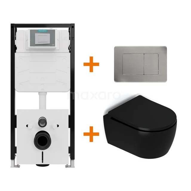 Toiletset Mat zwart met Spoelrand + Maxaro Flush Pro inbouwreservoir met geluidsisolatie TOI2208