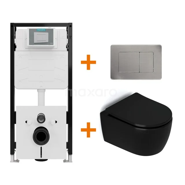 Toiletset Mat zwart zonder Spoelrand + Maxaro Flush Pro inbouwreservoir met geluidsisolatie TOI2212