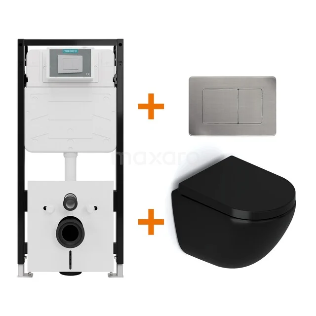 Toiletset Mat zwart zonder Spoelrand + Maxaro Flush Pro inbouwreservoir met geluidsisolatie TOI2220