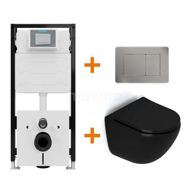 Toiletset Mat zwart zonder Spoelrand + Maxaro Flush Pro inbouwreservoir met geluidsisolatie TOI2221