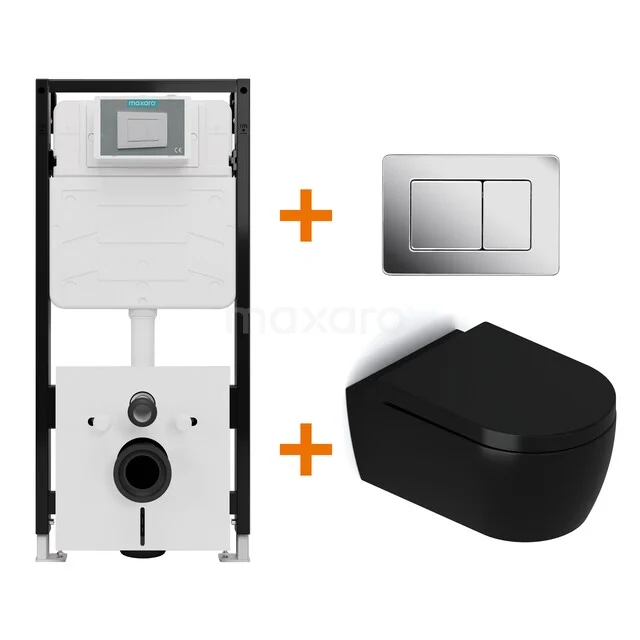 Toiletset Mat zwart met Spoelrand + Maxaro Flush Pro inbouwreservoir met geluidsisolatie TOI2238