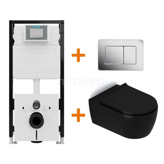 Toiletset Mat zwart met Spoelrand + Maxaro Flush Pro inbouwreservoir met geluidsisolatie TOI2239