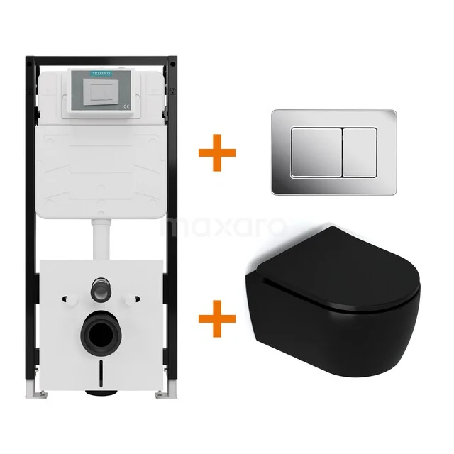 Toiletset Mat zwart met Spoelrand + Maxaro Flush Pro inbouwreservoir met geluidsisolatie TOI2241