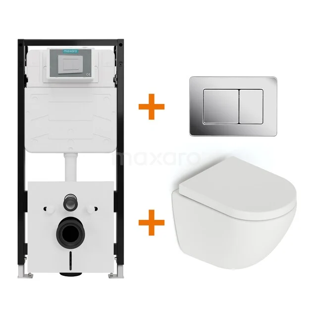 Toiletset Mat wit zonder Spoelrand + Maxaro Flush Pro inbouwreservoir met geluidsisolatie TOI2251