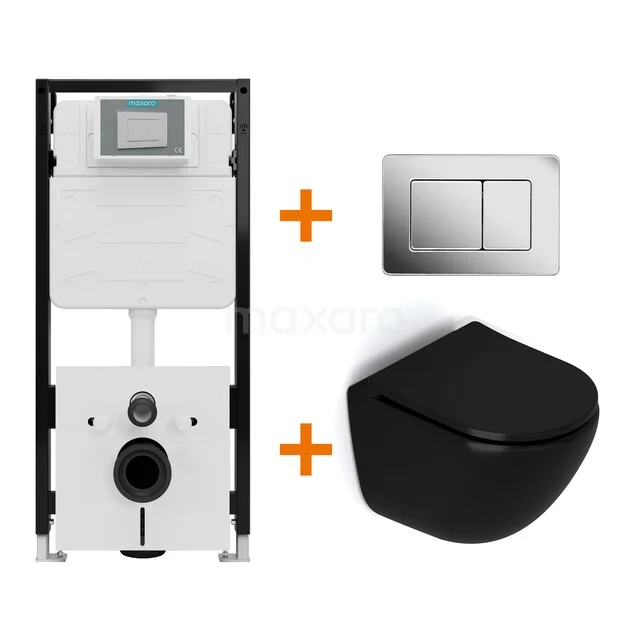 Toiletset Mat zwart zonder Spoelrand + Maxaro Flush Pro inbouwreservoir met geluidsisolatie TOI2254