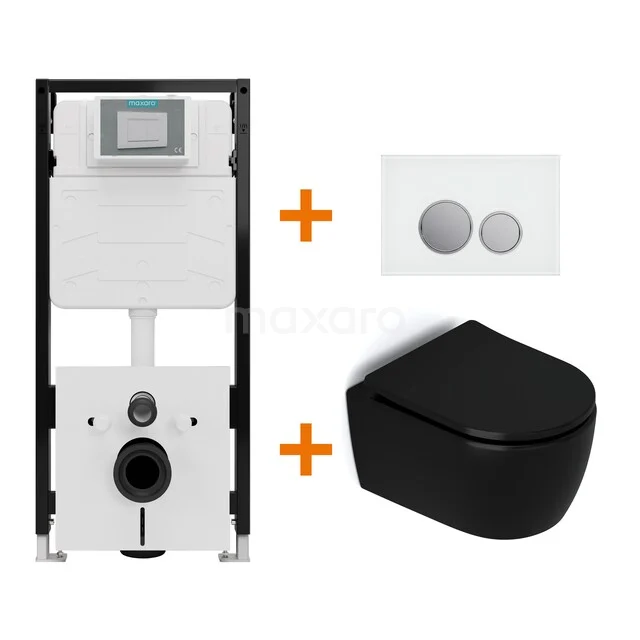 Toiletset Mat zwart zonder Spoelrand + Maxaro Flush Pro inbouwreservoir met geluidsisolatie TOI2278