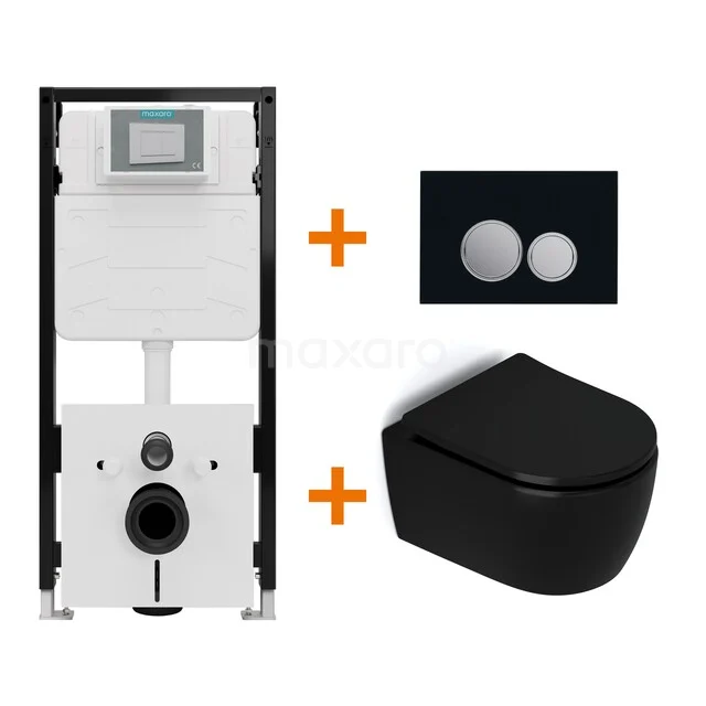 Toiletset Mat zwart zonder Spoelrand + Maxaro Flush Pro inbouwreservoir met geluidsisolatie TOI2311