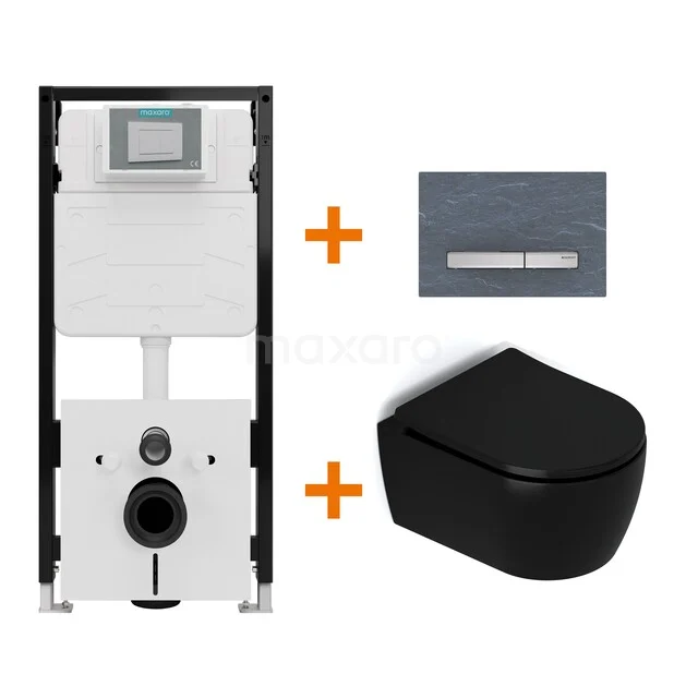 Toiletset Mat zwart met Spoelrand + Maxaro Flush Pro inbouwreservoir met geluidsisolatie TOI2373